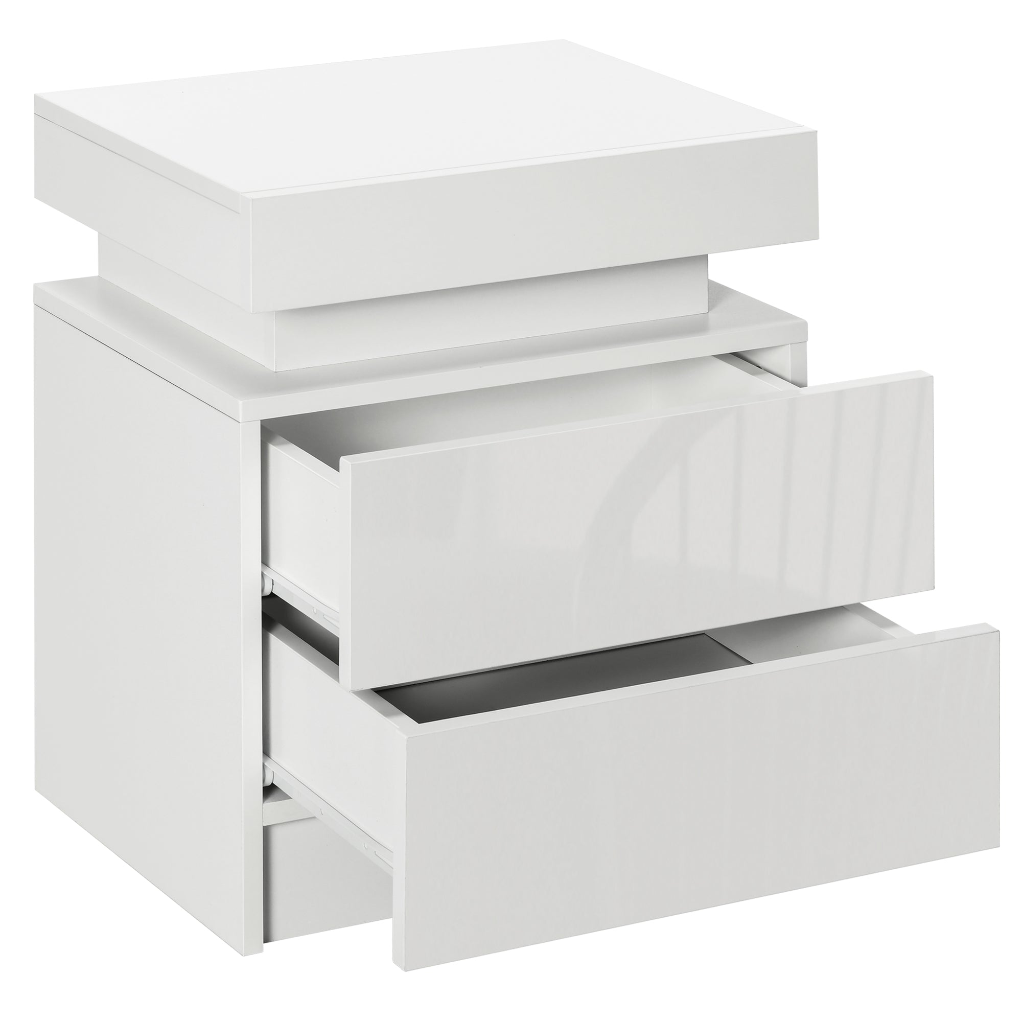 Bedside Table, High Gloss Front Bedside Cabinet w/ LED Light, 2 Drawers