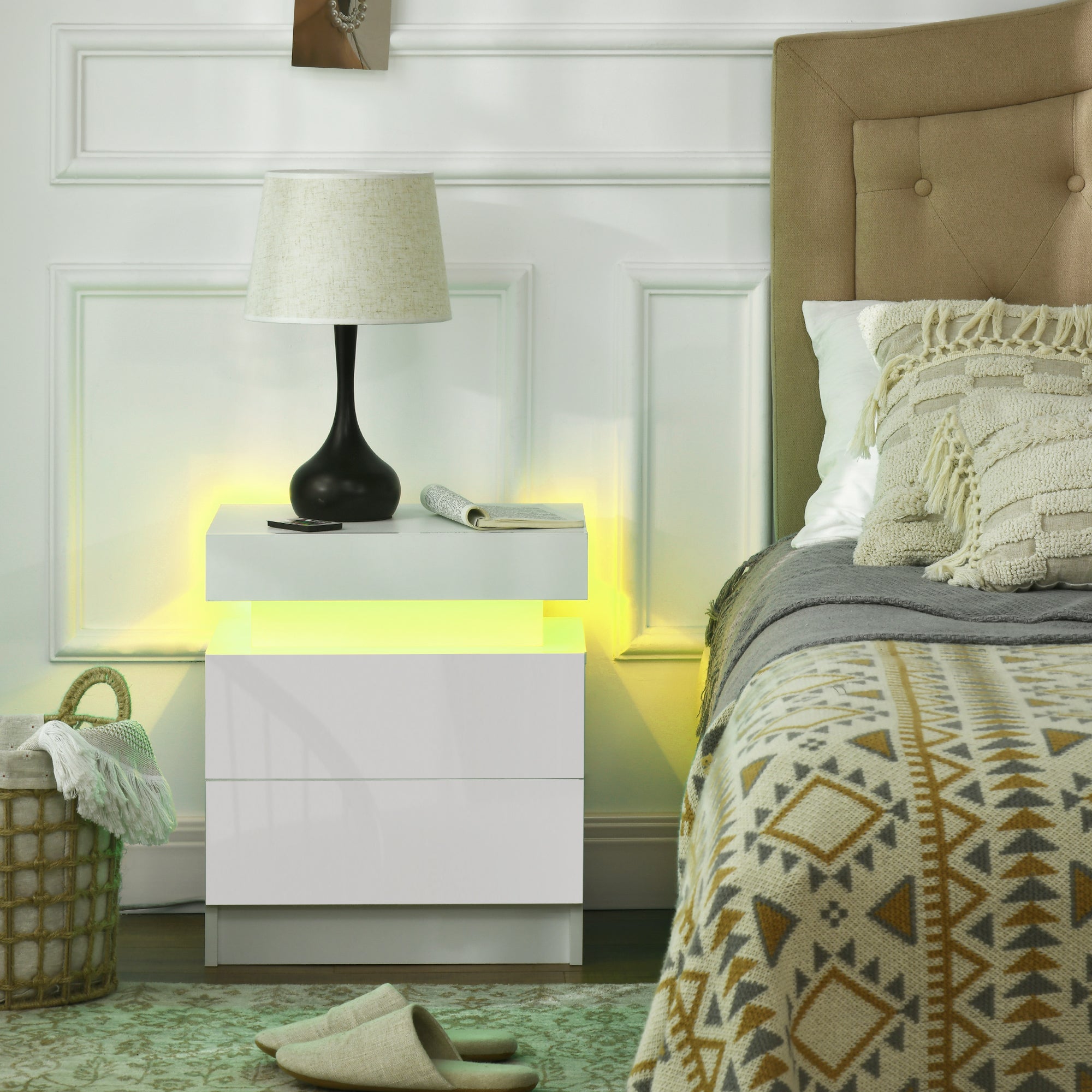 Bedside Table, High Gloss Front Bedside Cabinet w/ LED Light, 2 Drawers