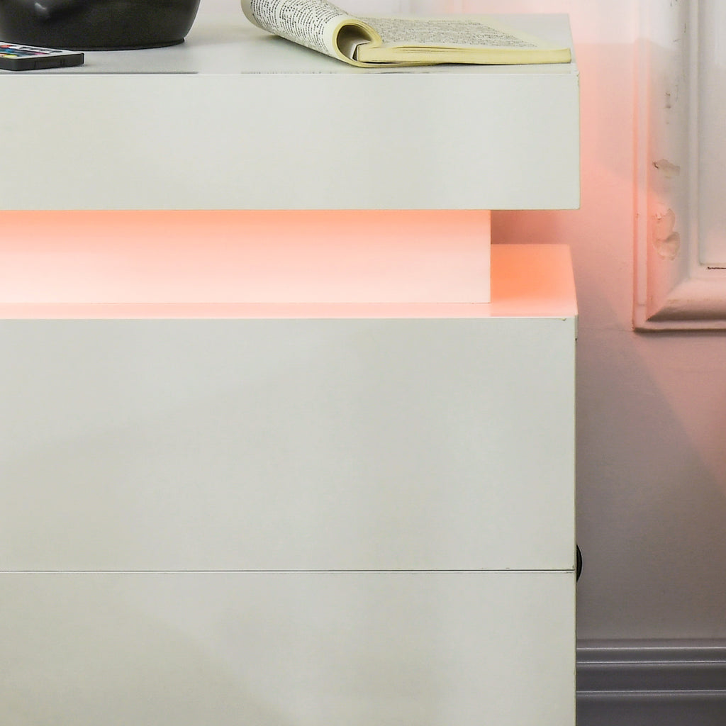 Bedside Table, High Gloss Front Bedside Cabinet w/ LED Light, 2 Drawers