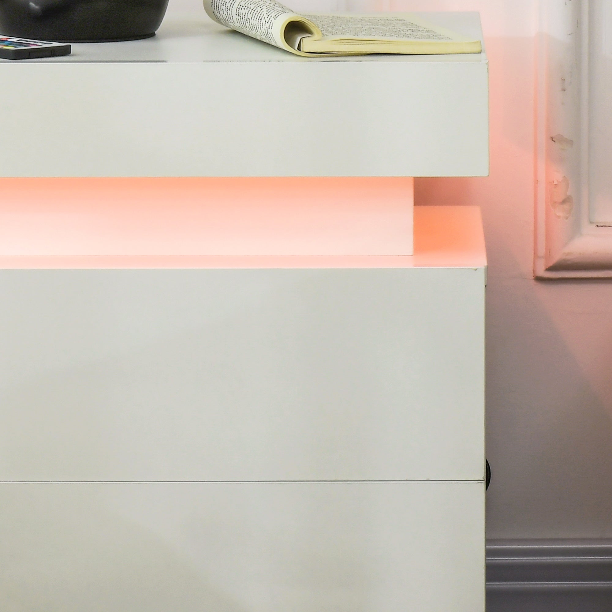 Bedside Table, High Gloss Front Bedside Cabinet w/ LED Light, 2 Drawers