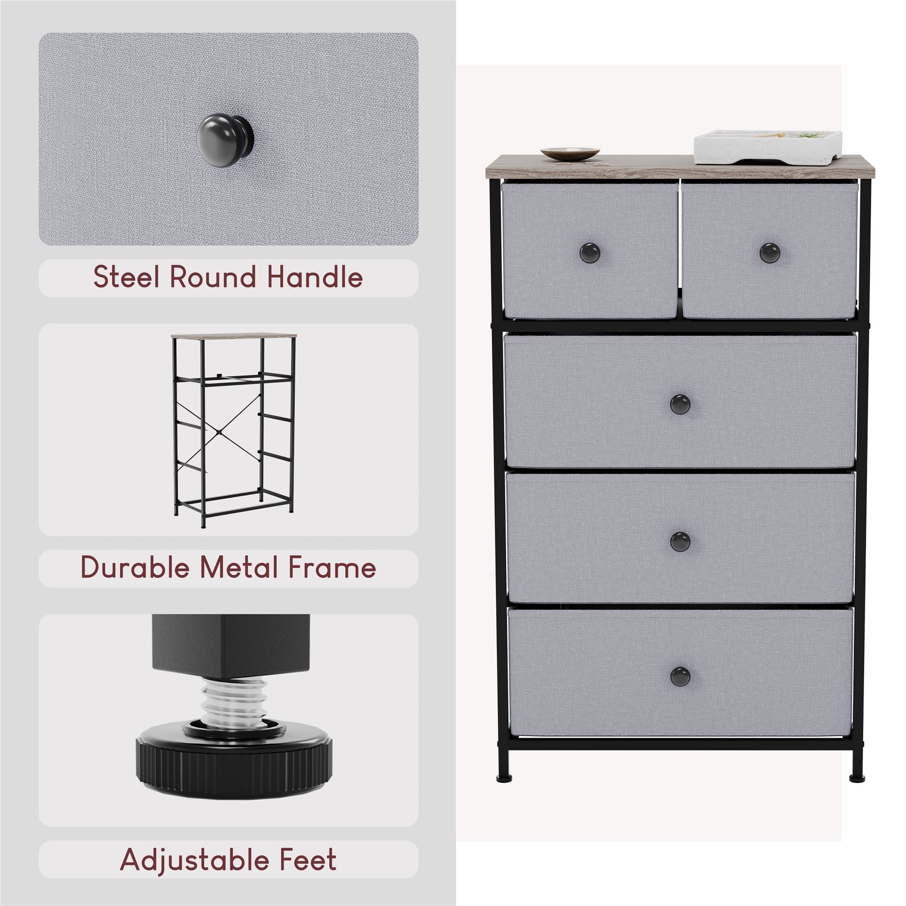 Modern Fabric Chest of Drawers Storage 'UKFR' Beige & Grey Bedroom Furniture