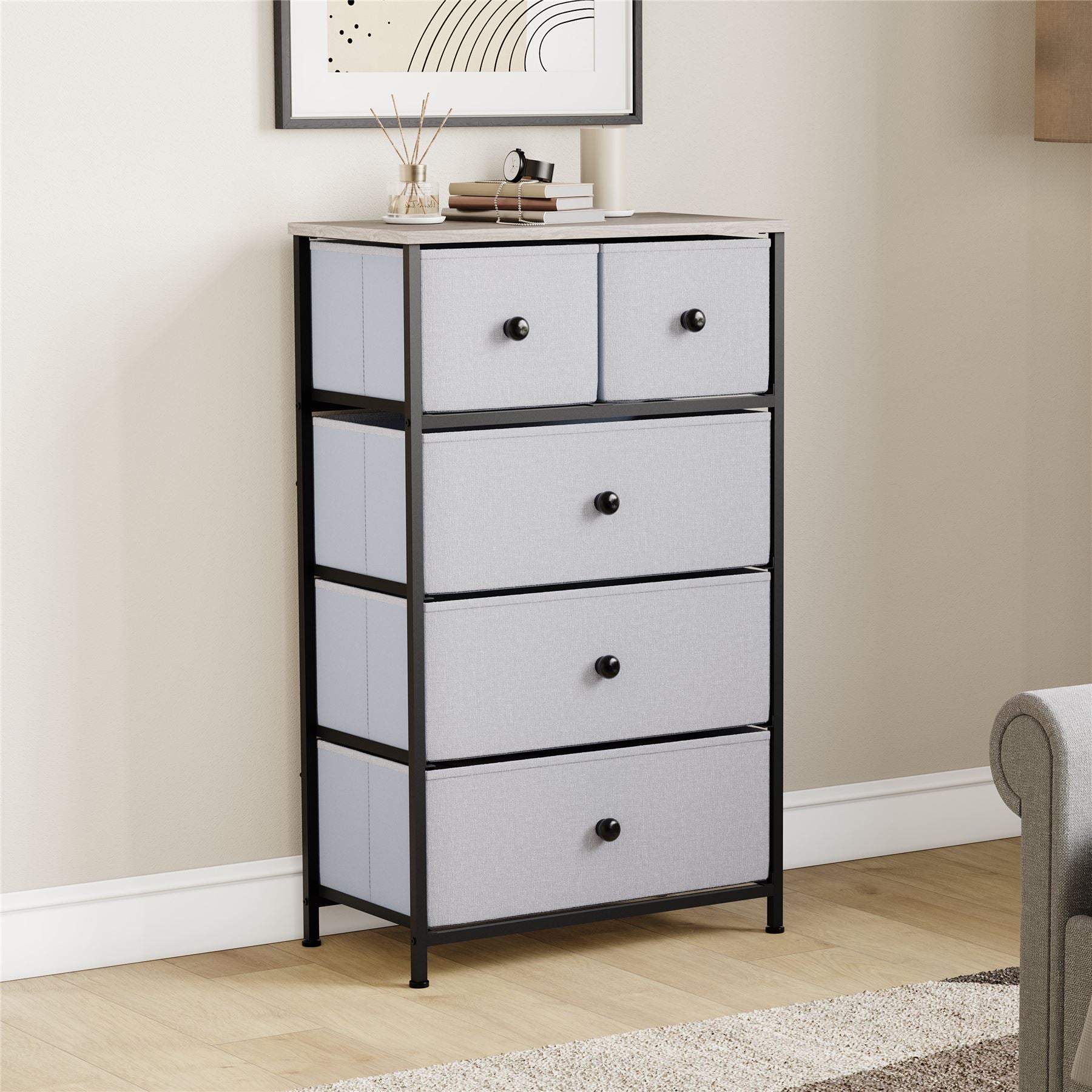 Modern Fabric Chest of Drawers Storage 'UKFR' Beige & Grey Bedroom Furniture