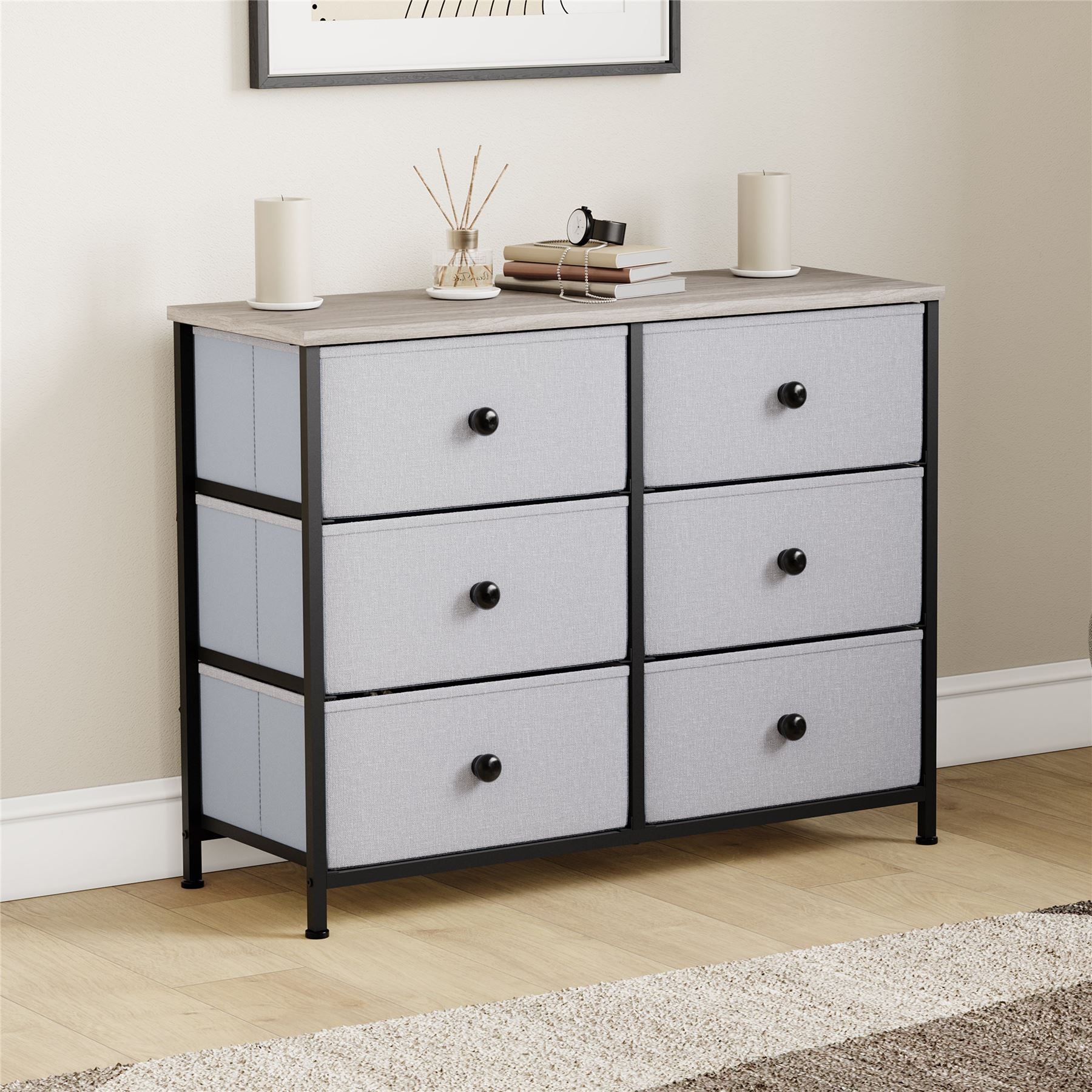 Modern Fabric Chest of Drawers Storage 'UKFR' Beige & Grey Bedroom Furniture