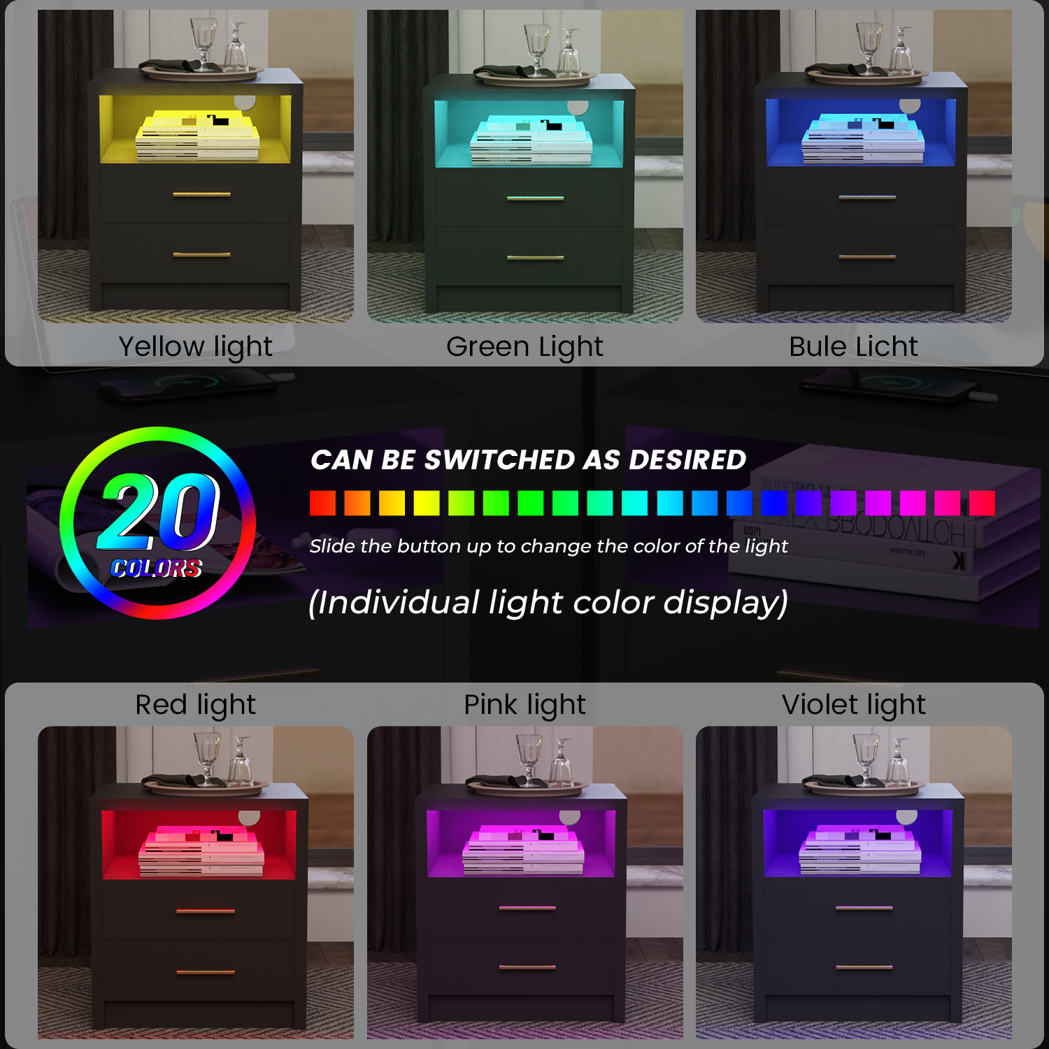 2/3 Drawers High Gloss Front Bedside Table Cabinet LED Nightstand With Charging