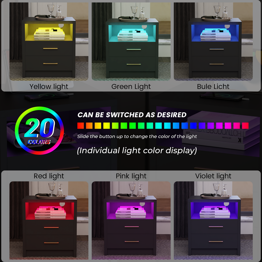 2/3 Drawers High Gloss Front Bedside Table Cabinet LED Nightstand With Charging