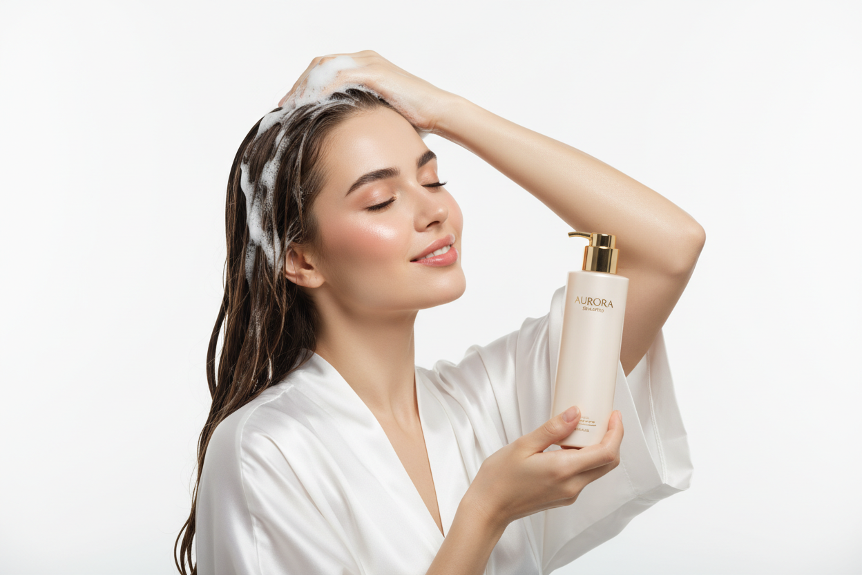 Create image of beautiful model young women holding shampoo and using to her hair, make it more professional in white background