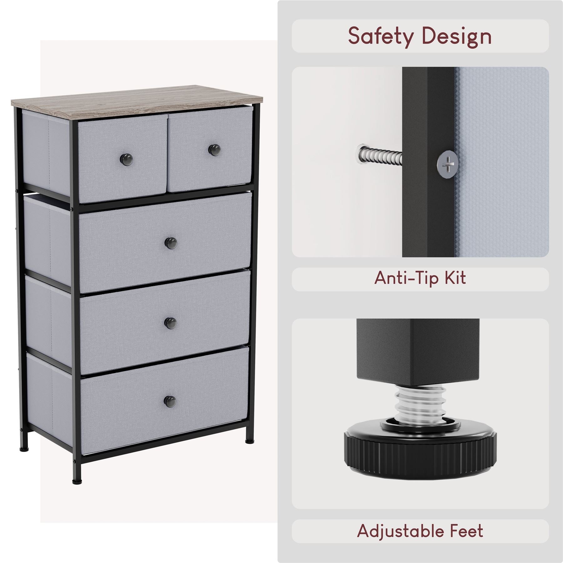 Modern Fabric Chest of Drawers Storage 'UKFR' Beige & Grey Bedroom Furniture