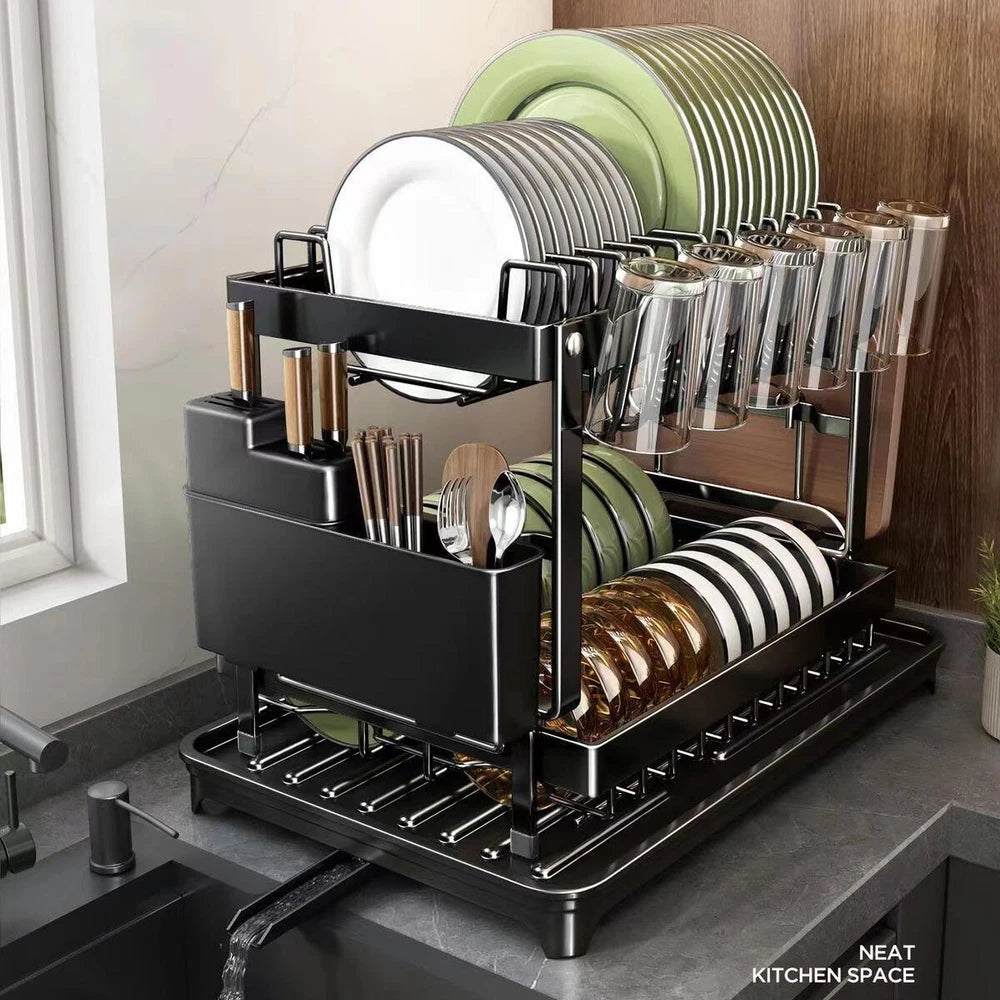 2 Tier Dish Drainer Rack with Drip Tray Cutlery Holder Plate Racks Kitchen Sink