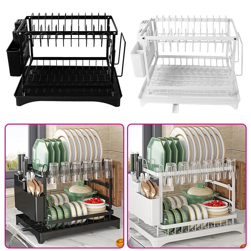 2 TIER KITCHEN SINK DISH DRAINER RACK WITH DRIP TRAY CUTLERY HOLDER PLATE RACK