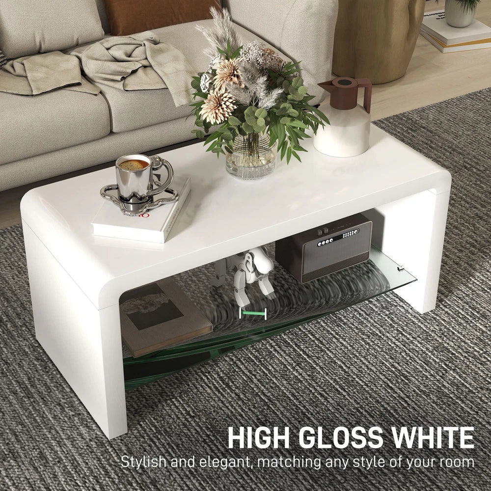 High Gloss Coffee Table with Glass Shelf, Two-Tier Living Room Table, White