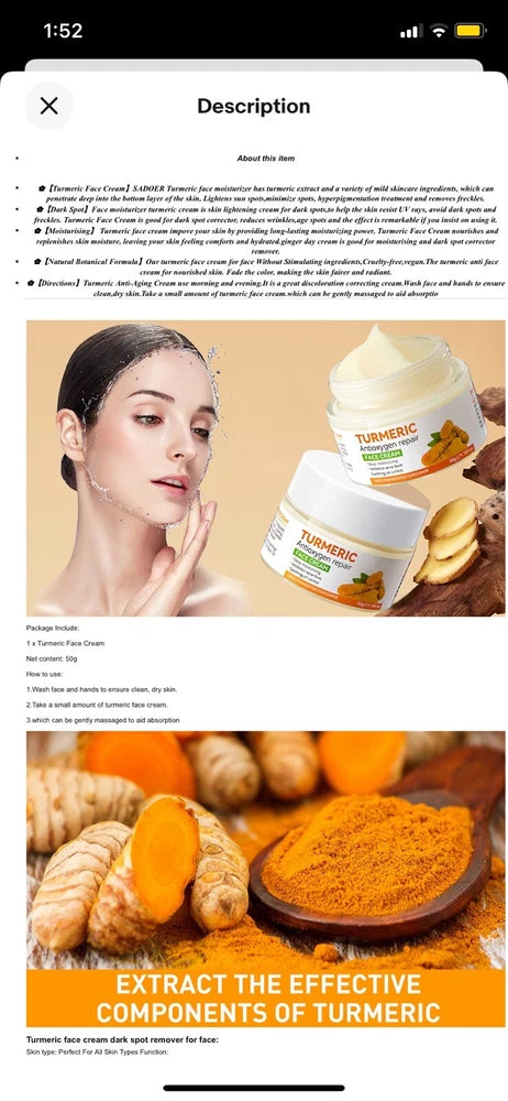 Turmeric Face Cream,Anti Aging Cream for Radiant&Glowing Skin,Dark Spot Correcto