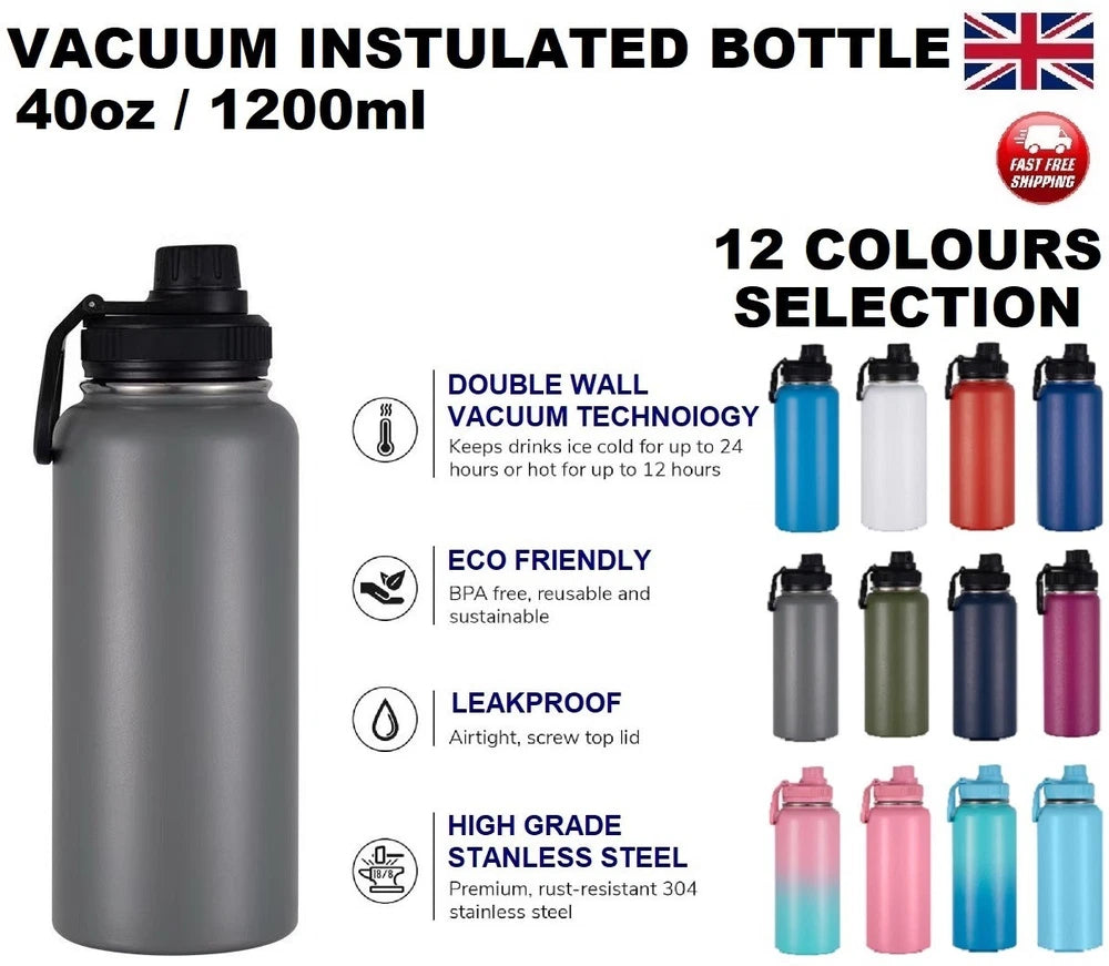 1.2L Water Flask Bottle Stainless Steel Double Wall Vacuum Insulated Thermal