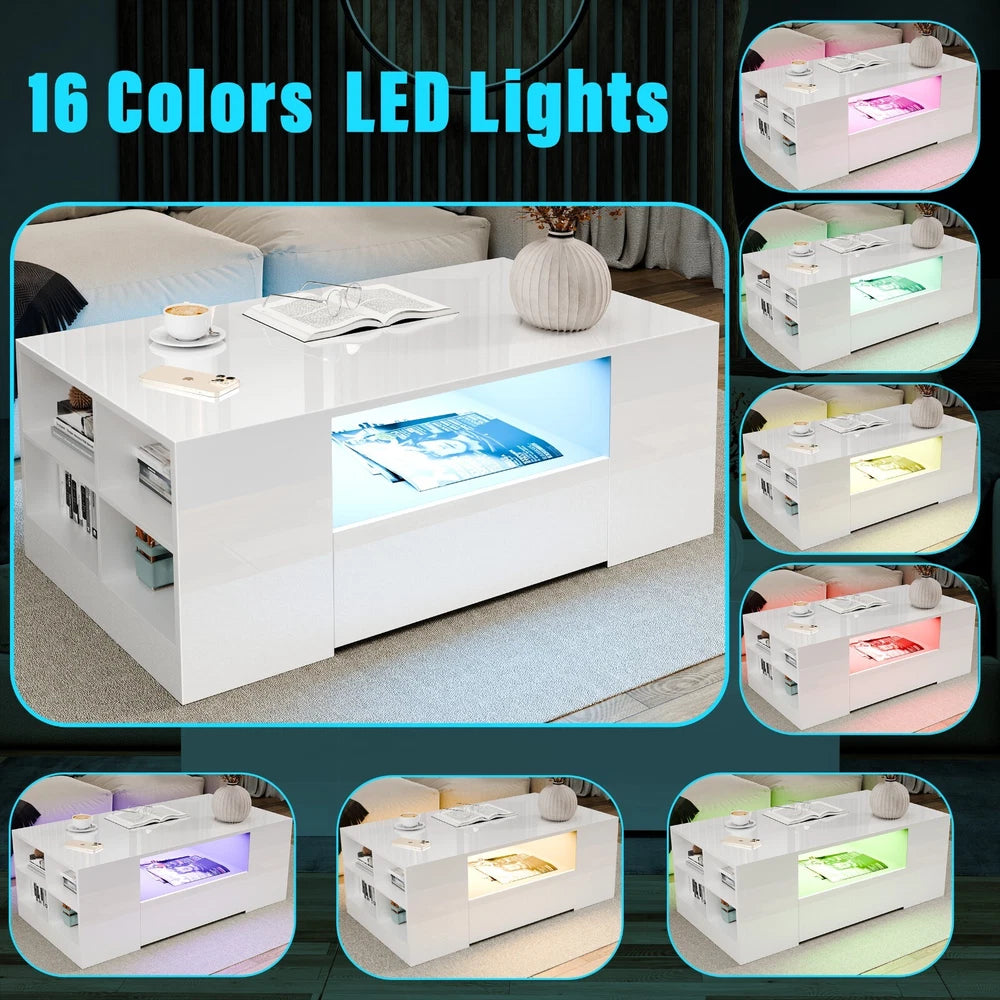 LED Coffee Table Wooden 2 Drawer Storage High Gloss Modern Living Room Furniture