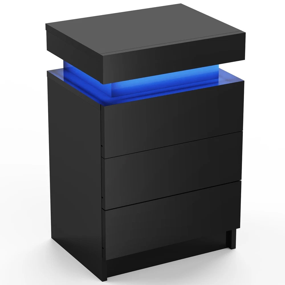 High Gloss 2/3 Drawer Bedside Table Cabinet LED RGB Light Storage Nightstand
