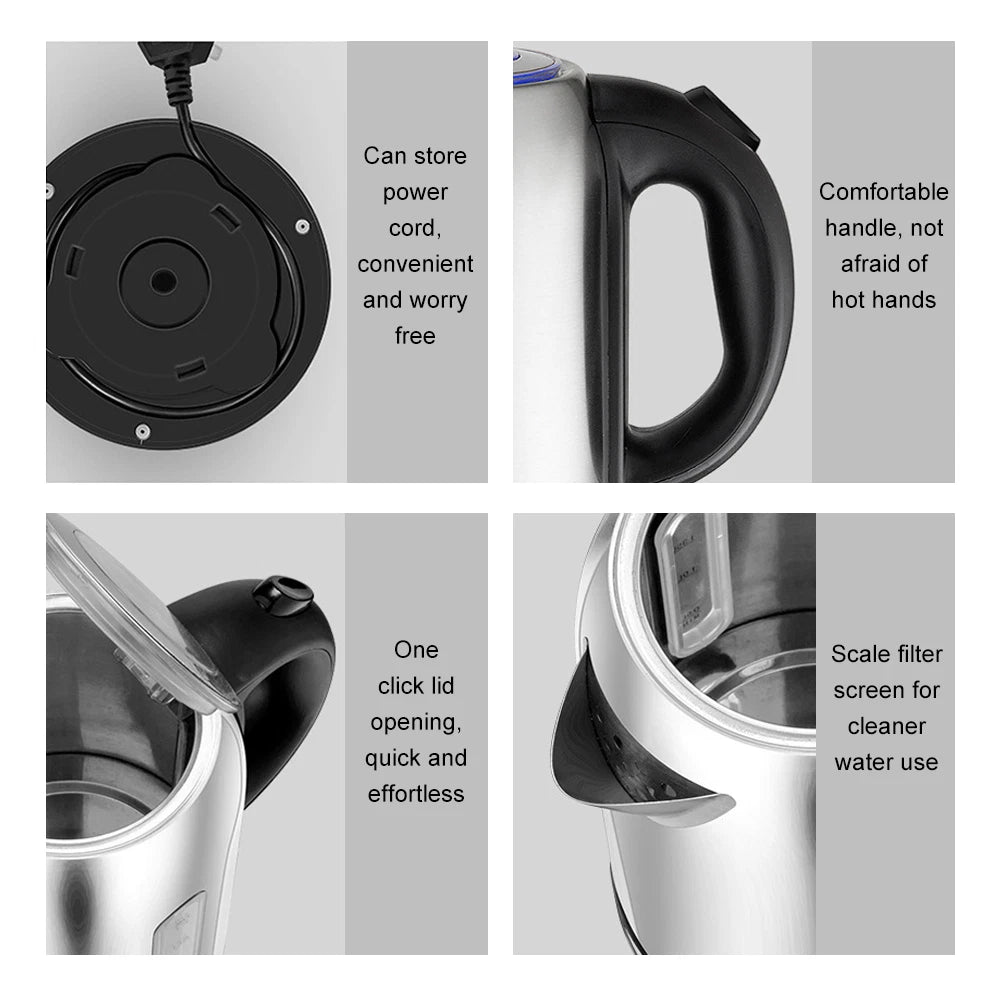 1.7L Electric Kettle Quiet Fast Boil Stainless Steel Jug Overheat Protect 2200W