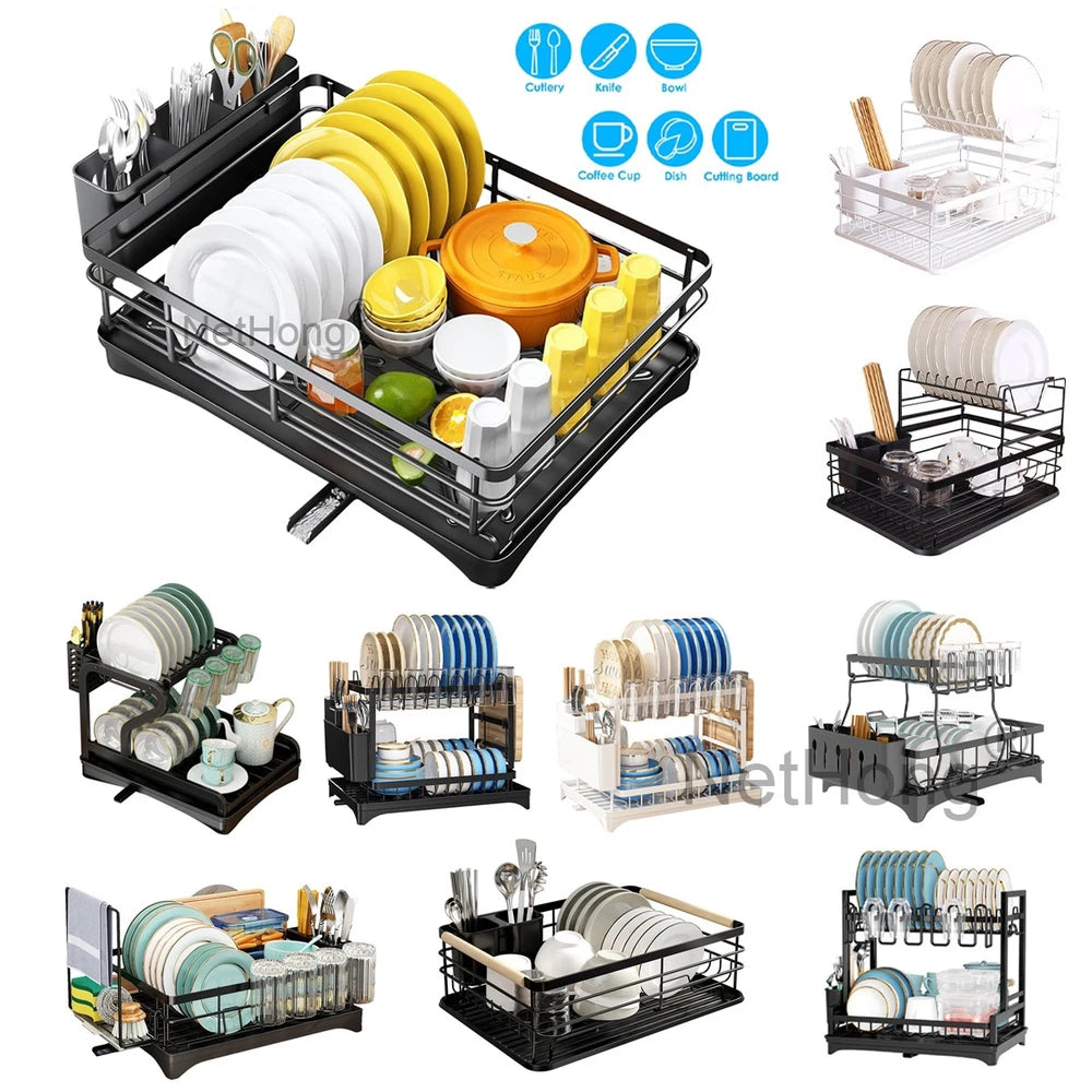 2 TIER KITCHEN SINK DISH DRAINER RACK WITH DRIP TRAY CUTLERY HOLDER PLATE RACK