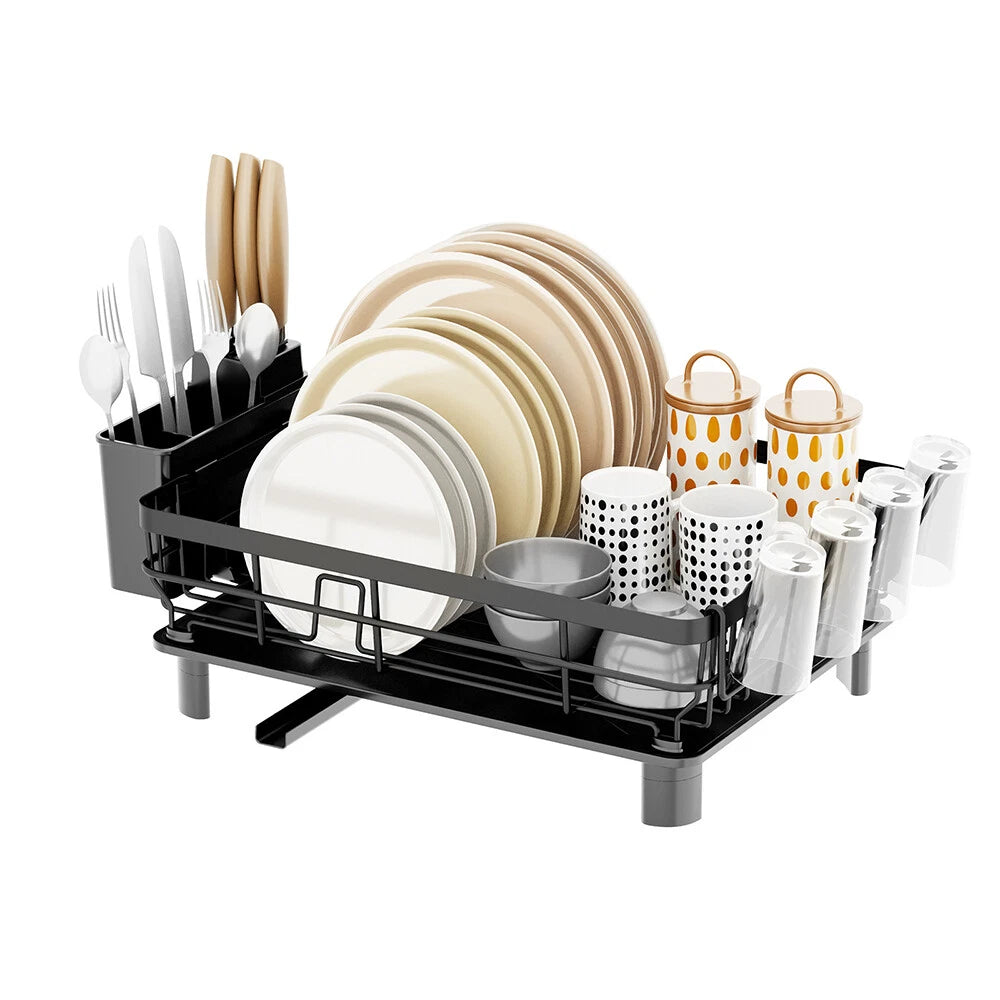 Kitchen Dish Drainer Plate Drying Rack with Drip Tray Cup Cutlery Utensil Holder