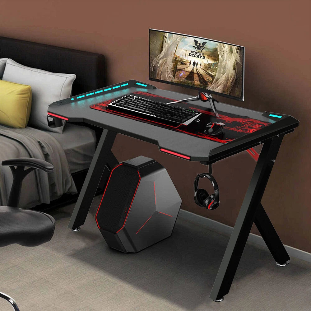 XXL Gaming Desk RGB LED Computer Racing Table Carbon Fiber PC Gamer Workstation