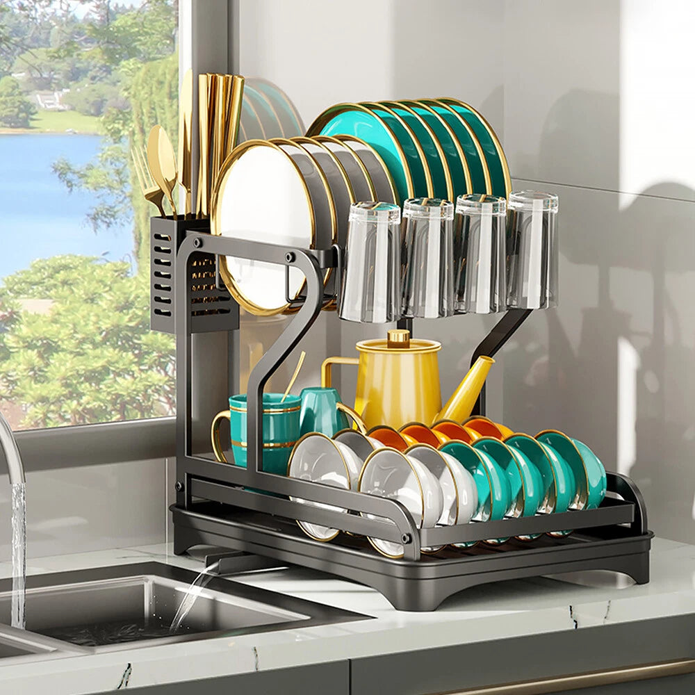 2/3 Tier Kitchen Sink Dish Drainer Rack With Drip Tray Cutlery Holder Plate Rack