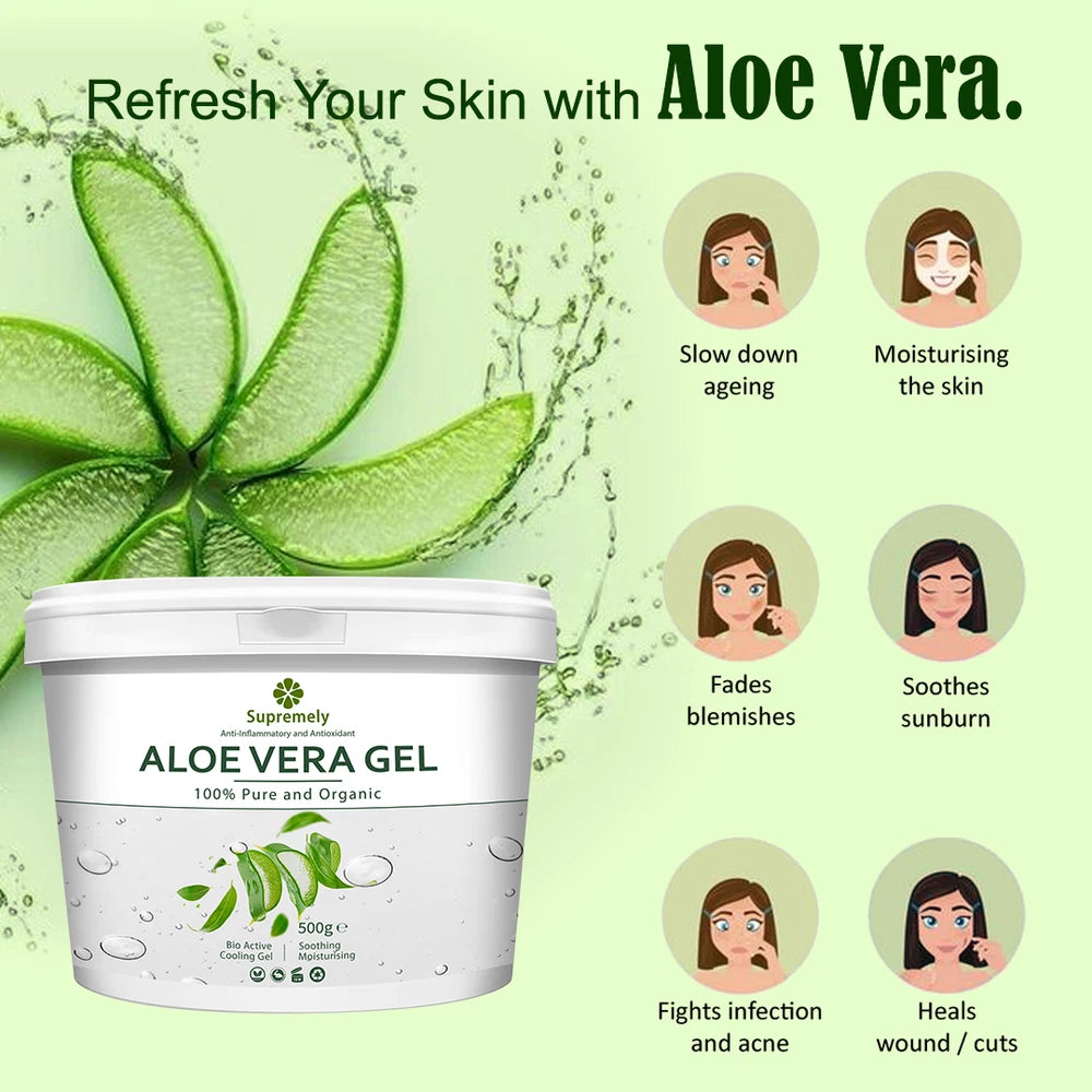 100% Pure Aloe Vera Organic Gel Soothing Vegan Skin Moisturiser Skin Care 500g