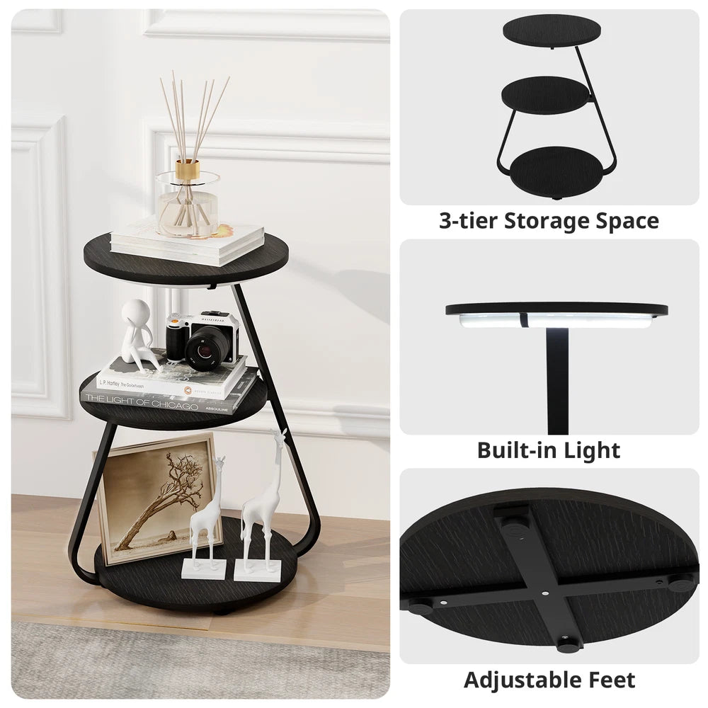 3-Tier Sofa Side Table LED Lighted Bedside Living Room End Table with Storage