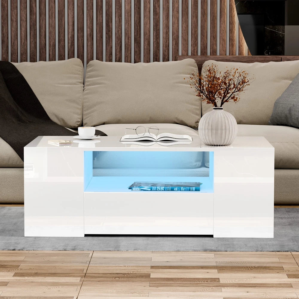 LED Coffee Table Wooden 2 Drawer Storage High Gloss Modern Living Room Furniture