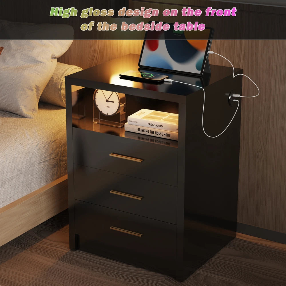 2/3 Drawers High Gloss Front Bedside Table Cabinet LED Nightstand With Charging