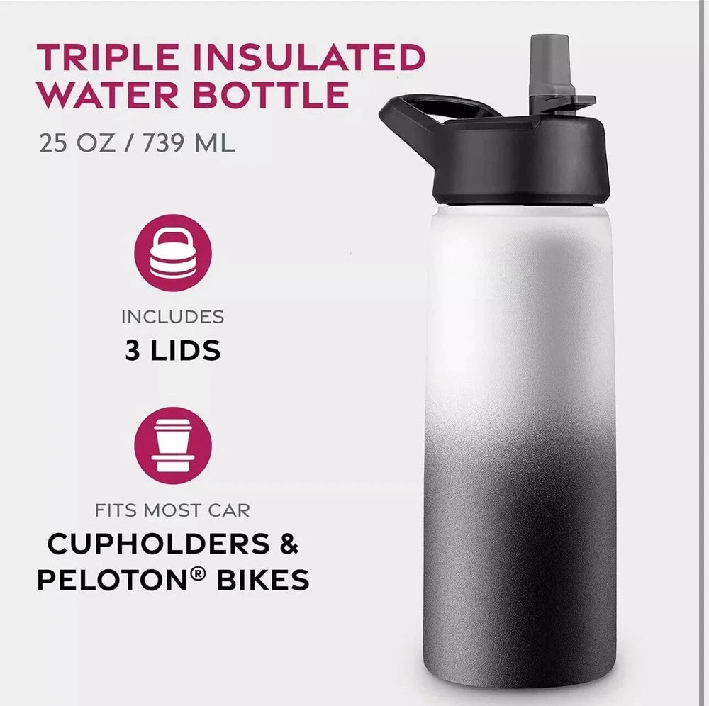 Triple Insulated Stainless Steel Water Bottle with Straw Flip Top Lid 750ml