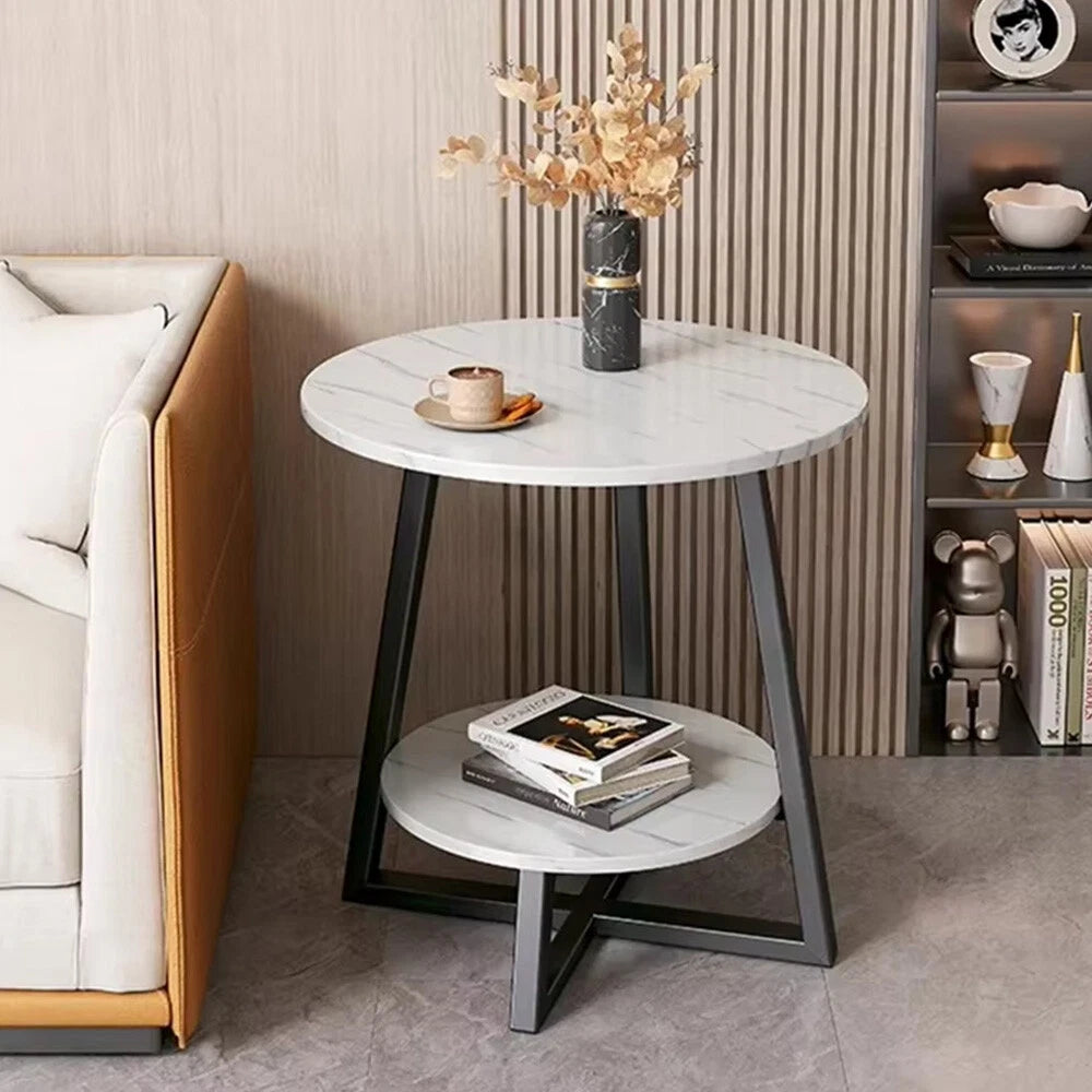 2-Tier Coffee Table Side Table White Marble Effect End Table LivingRoom Round