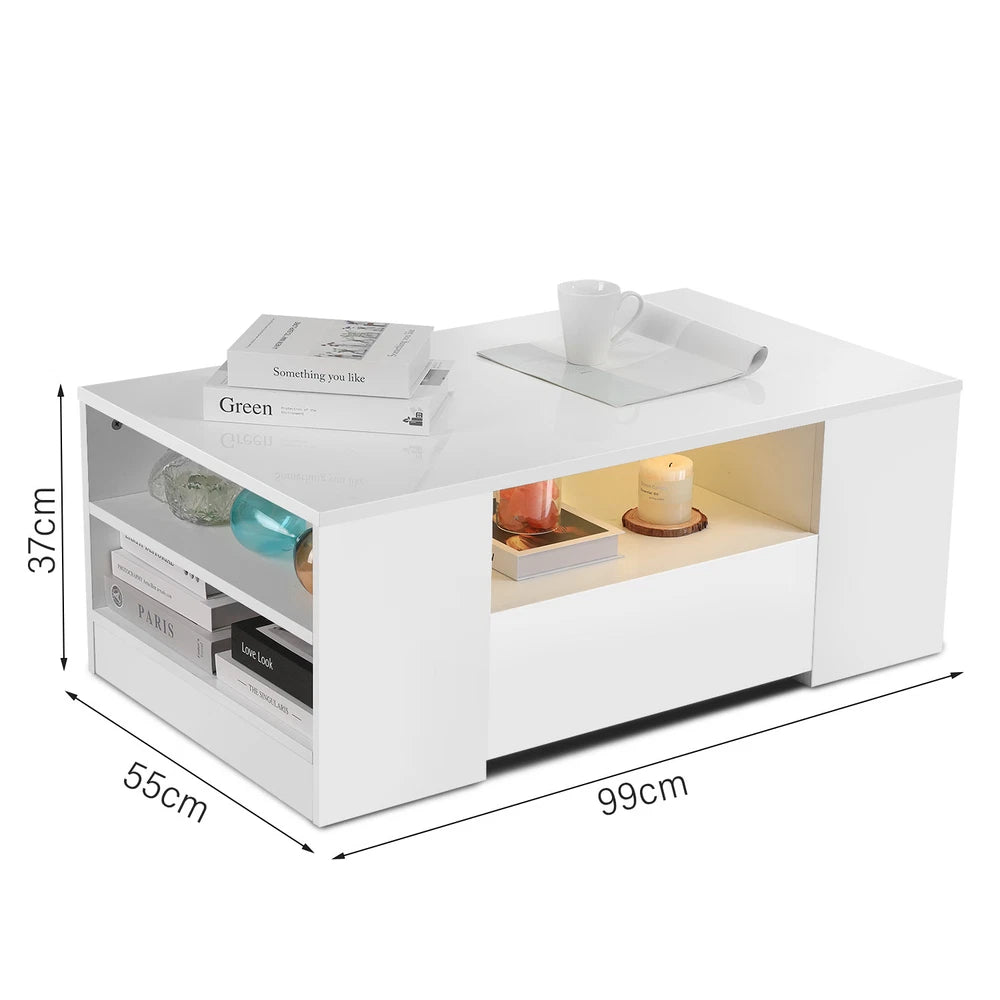 High Gloss LED Coffee Table With Storage Wooden 2 Drawer Living Room Furniture