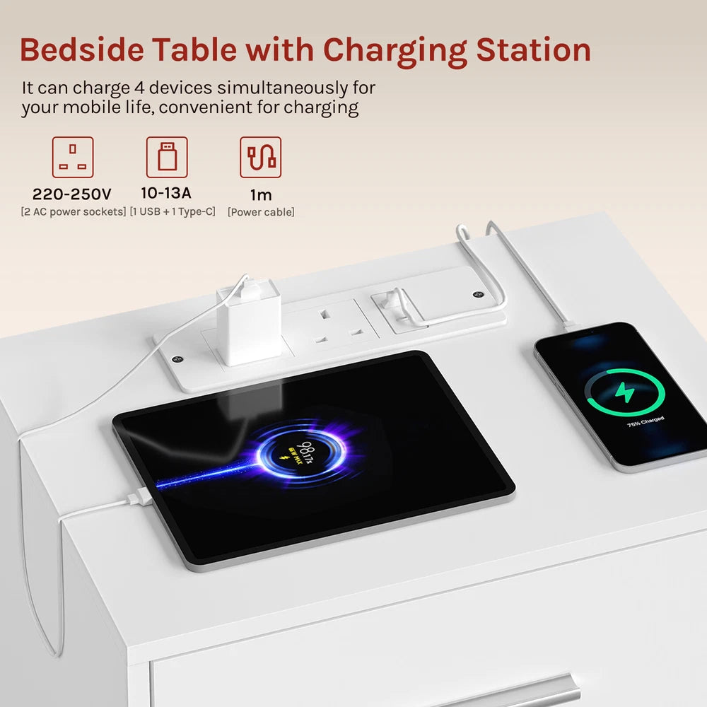 1/2x Bedside Table Cabinets w/ Charging Station Nightstand Storage Unit 3 Drawer