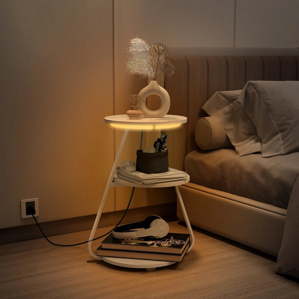 3-Tier Sofa Side Table LED Lighted Bedside Living Room End Table with Storage