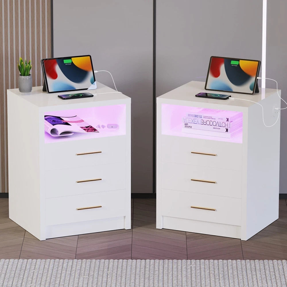 2/3 Drawers High Gloss Front Bedside Table Cabinet LED Nightstand With Charging