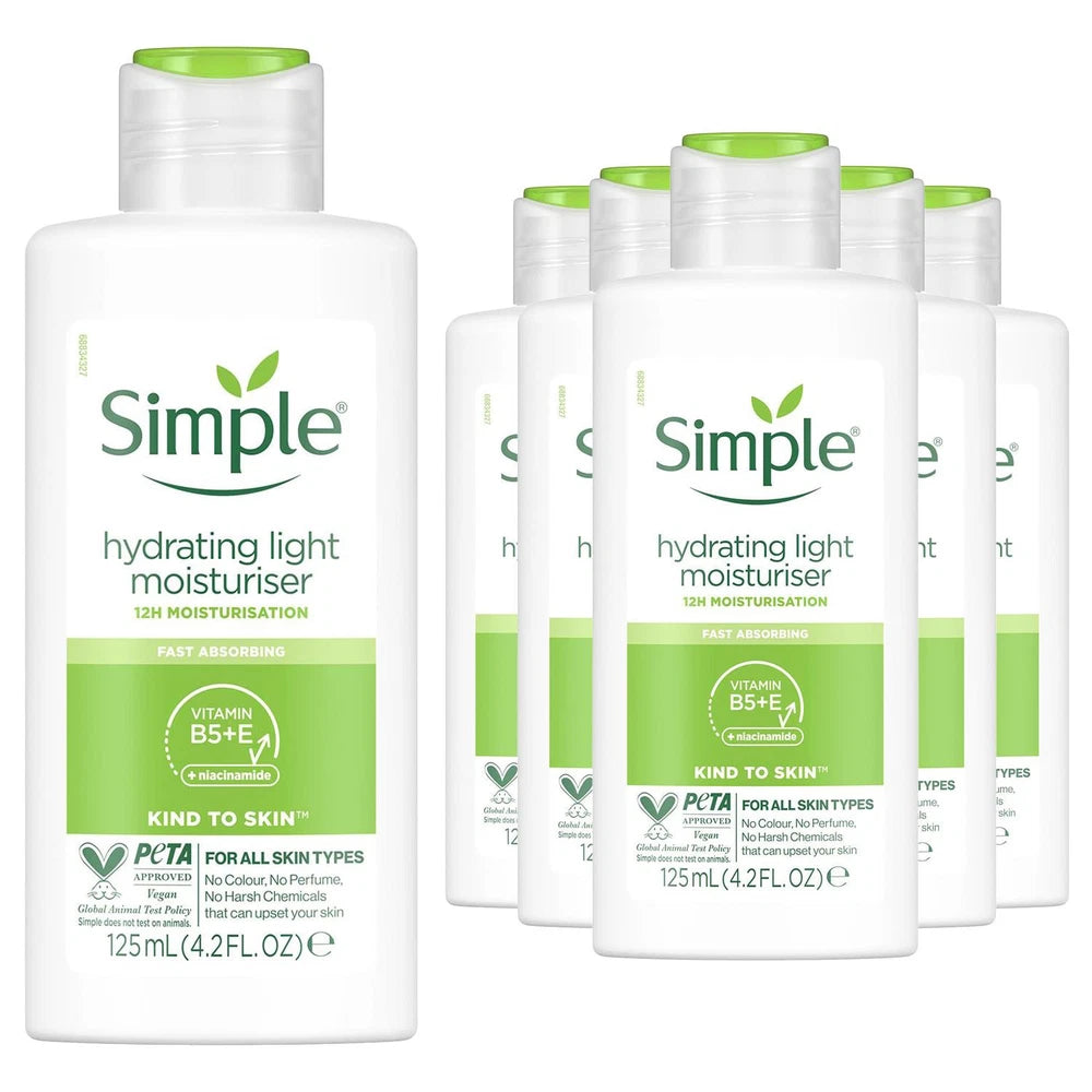 6x 125ml Simple Kind to Skin 12H Hydrating Light Moisturiser for Sensitive Skin