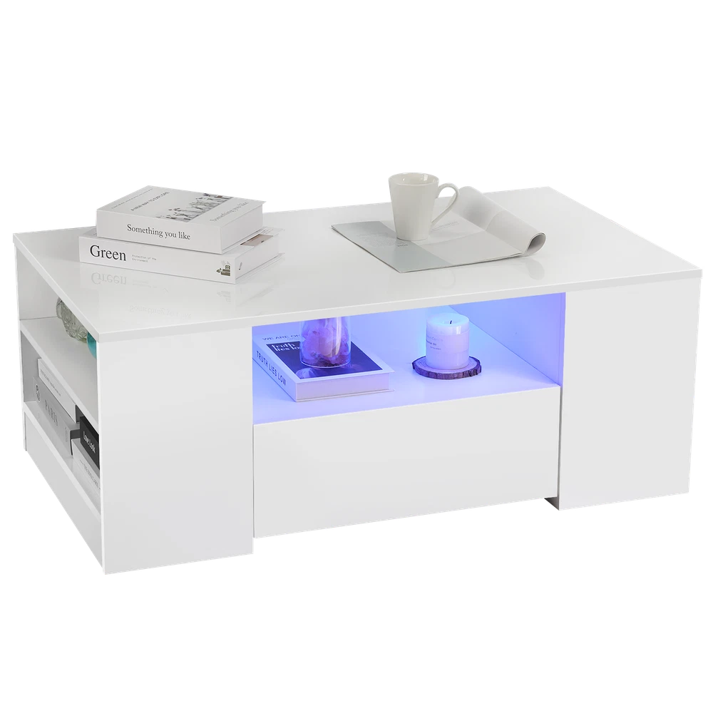 High Gloss LED Coffee Table With Storage Wooden 2 Drawer Living Room Furniture