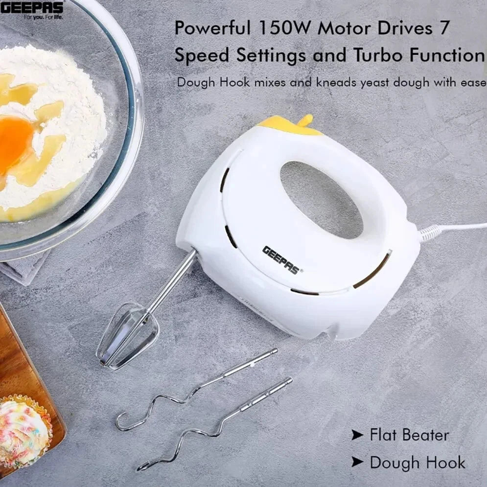 Geepas Electric Hand Food Mixer 7 Speeds & Turbo With Egg Beaters & Dough Hooks