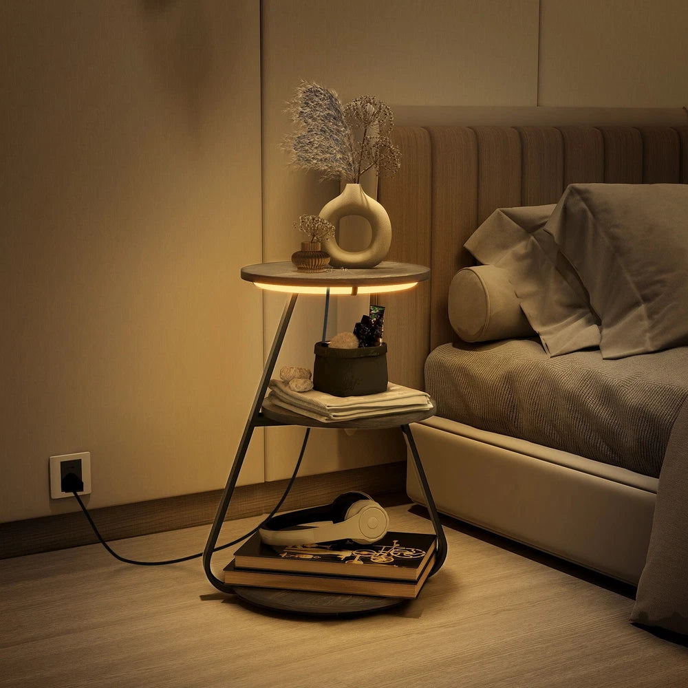 3-Tier Sofa Side Table LED Lighted Bedside Living Room End Table with Storage