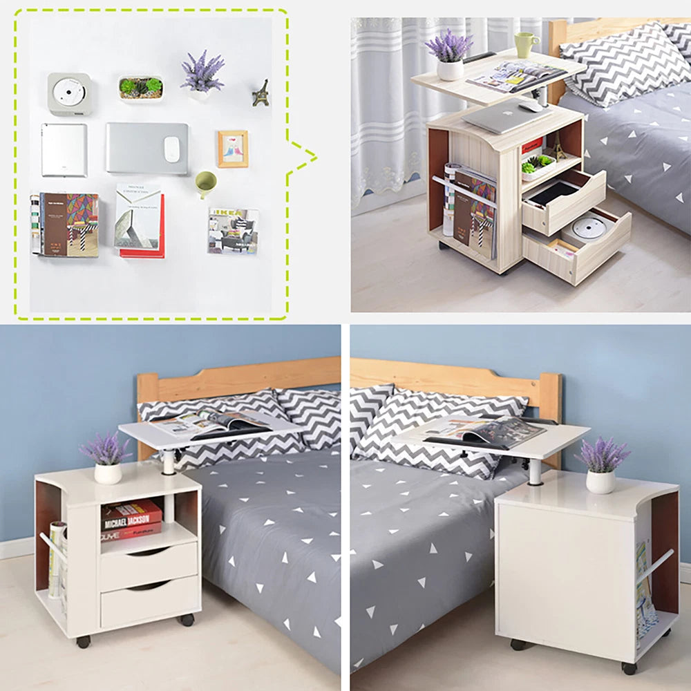 Laptop Desk Bedside Table with Lift Up Top - Modern Nightstand 2 Drawers w/Wheel