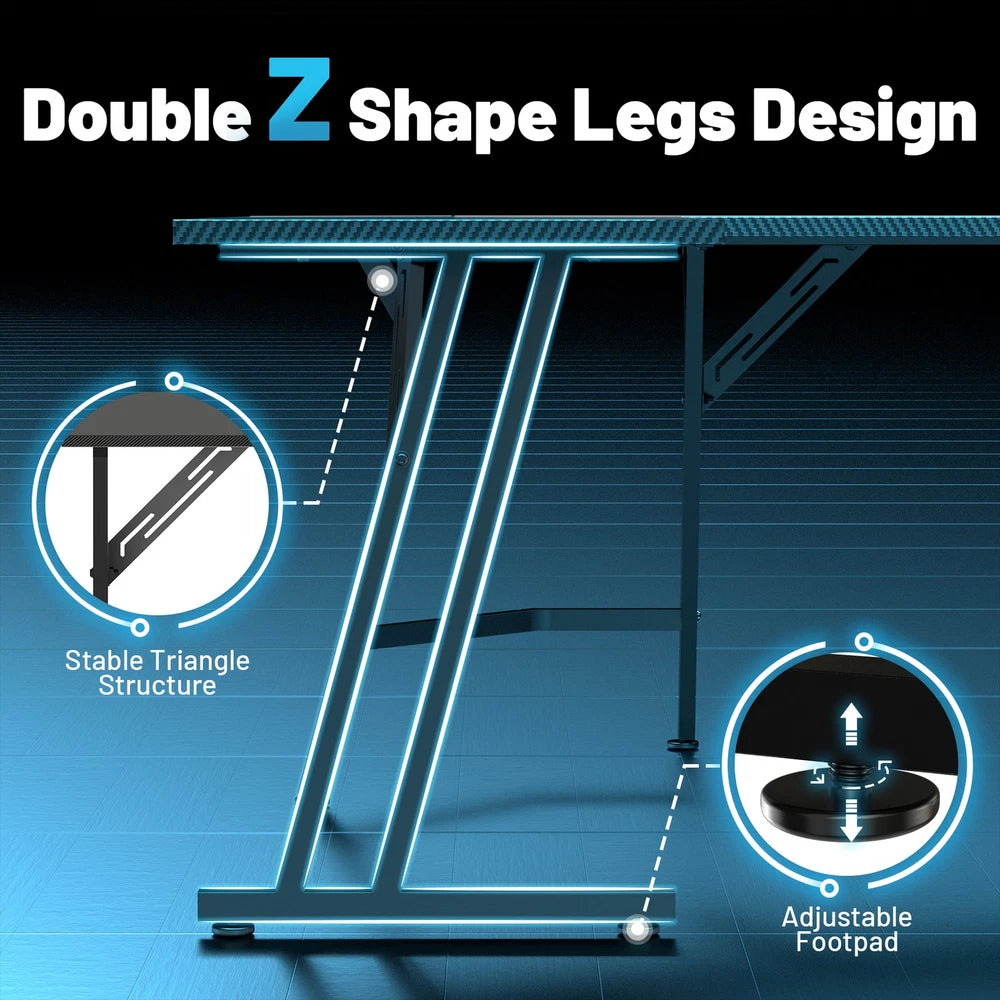 L Shaped Gaming Desk with LED Lights, Computer Desk with Monitor Stand, Black