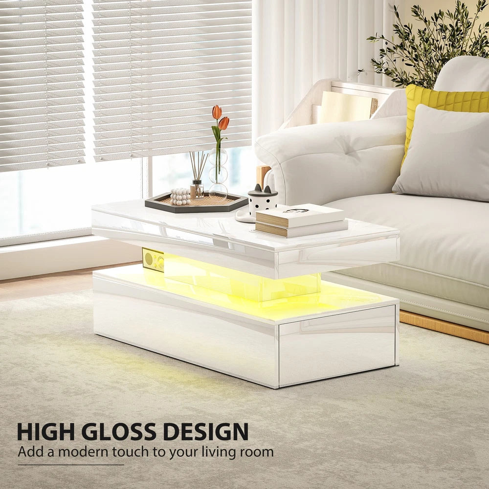 Coffee Table with LED Lights, High Gloss Living Room Table with 2 Drawers, White