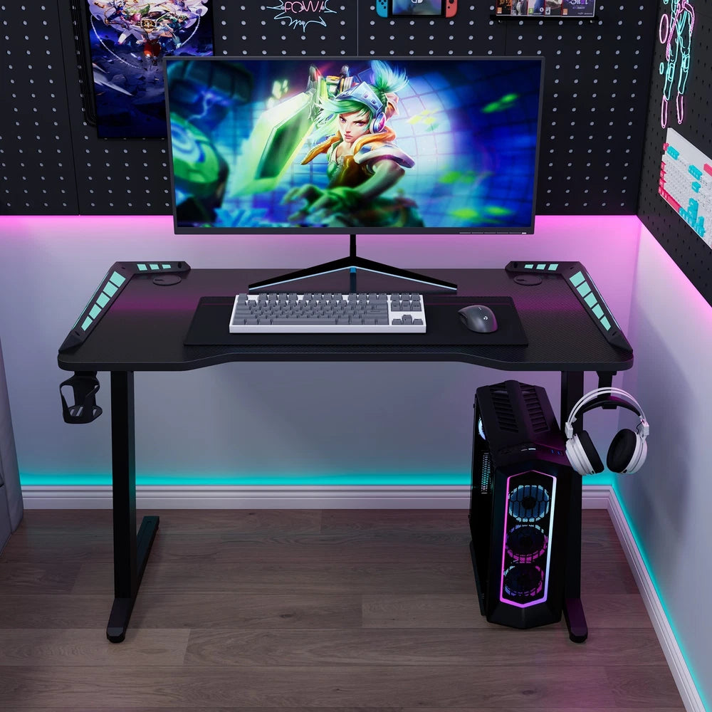 Gaming Desk LED RGB Computer Table Workstation w/ Cup Holder & Headphone Hook