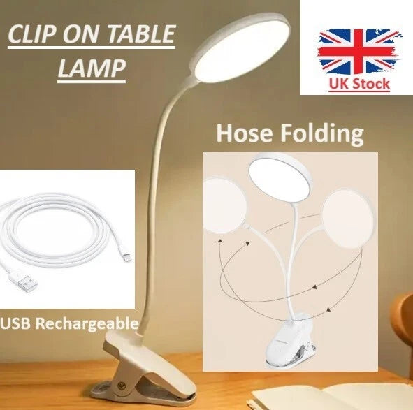 USB Clip On Desk Lamp Flexible Clamp Reading Light LED Bed Table Bedside Night