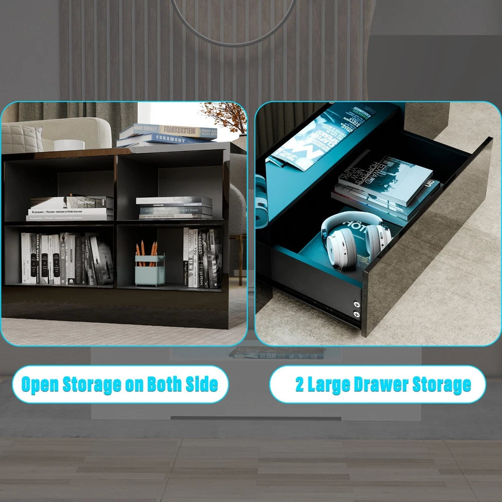 LED Coffee Table Wooden 2 Drawer Storage High Gloss Modern Living Room Furniture