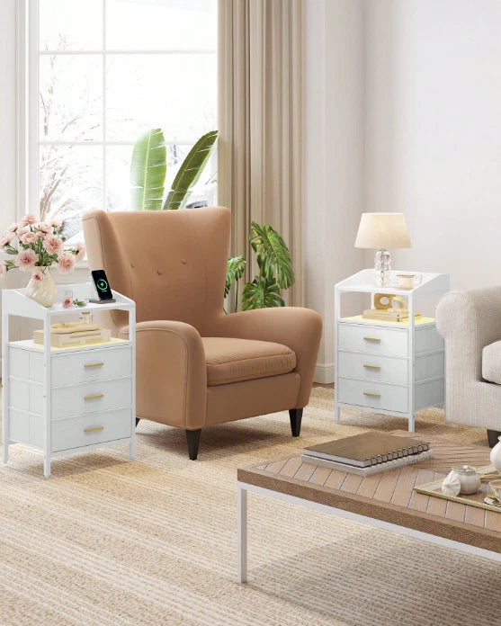 Bedside Table White LED Cabinets 3 Drawers Nightstand Bedroom W/Charging Station