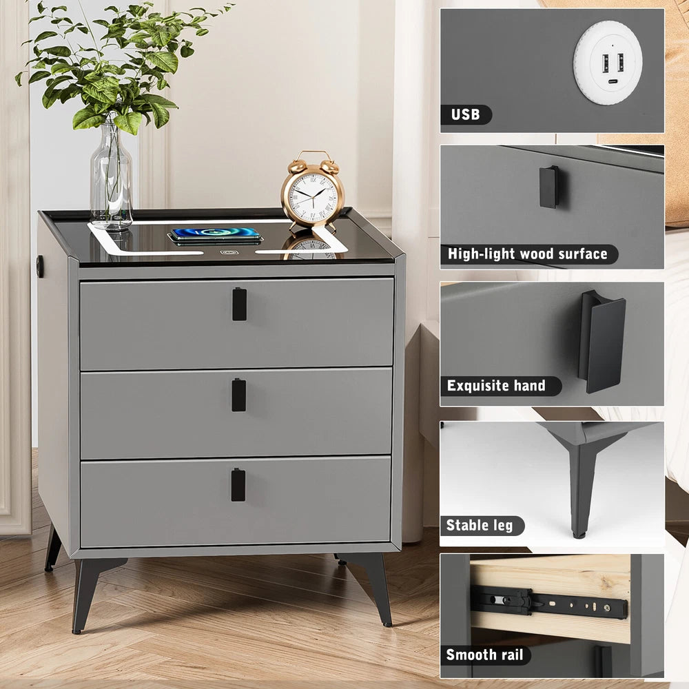 3 Drawers LED Bedside Table Wireless Charging Nightstand Bedside Cabinet Grey