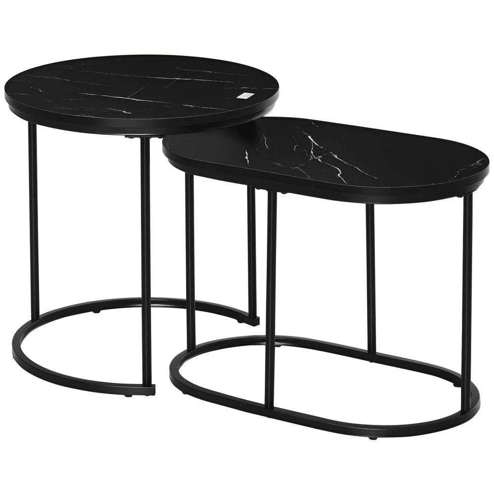 Coffee Table Set of 2 Modern Nest of Tables with Faux Marble Tabletop Black