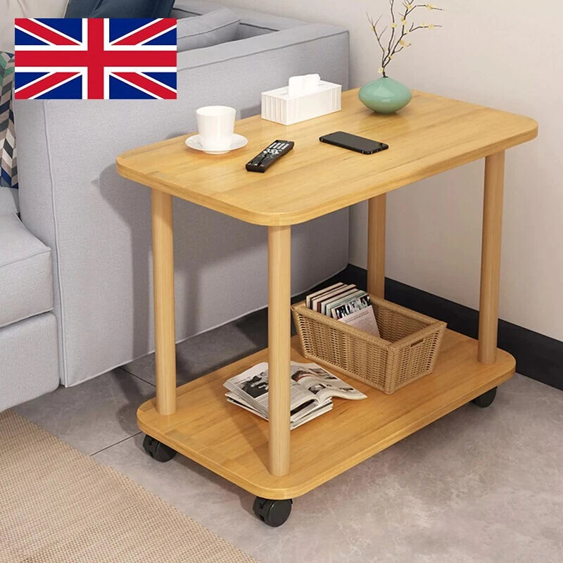 2 Tier Side Table Sofa Small Coffee End Table Storage Shelf on Wheel Living Room
