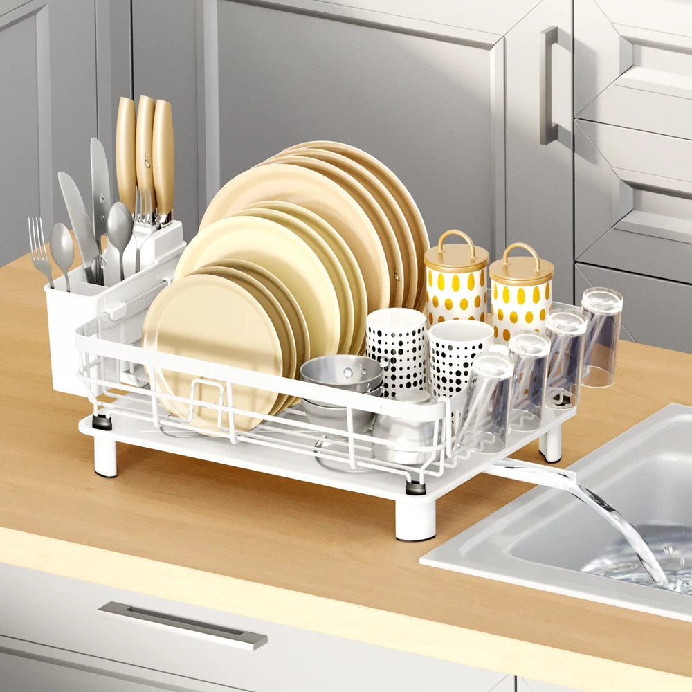 Kitchen Dish Drainer Plate Drying Rack with Drip Tray Cup Cutlery Utensil Holder