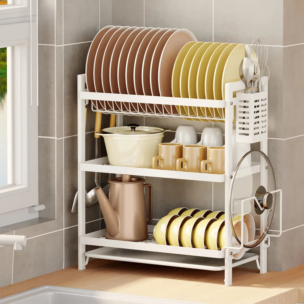 3 Tier Dish Drainer Rack with Drip Tray Cutlery Holder Plate Rack Kitchen Sink