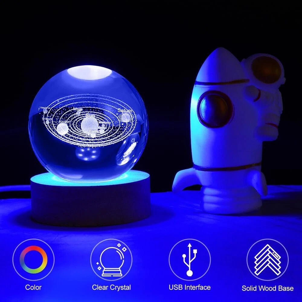 USB 3D Moon Planet Globe Galaxy Night Light LED Crystal Ball Table Lamp Bedside